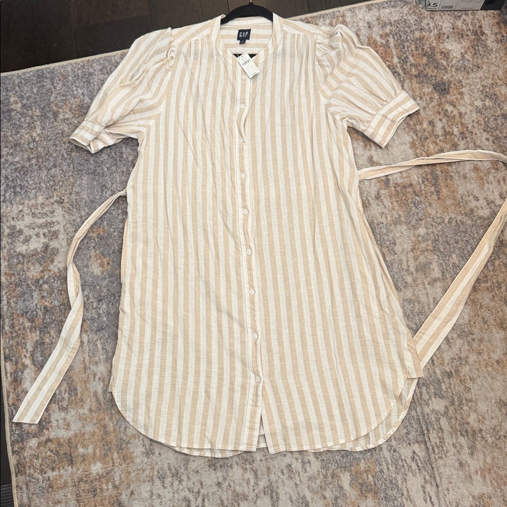 NWT GAP Khaki and White Striped Linen Blend Belted Puff Sleeved Shirt Dress Lg - Picture 3 of 9